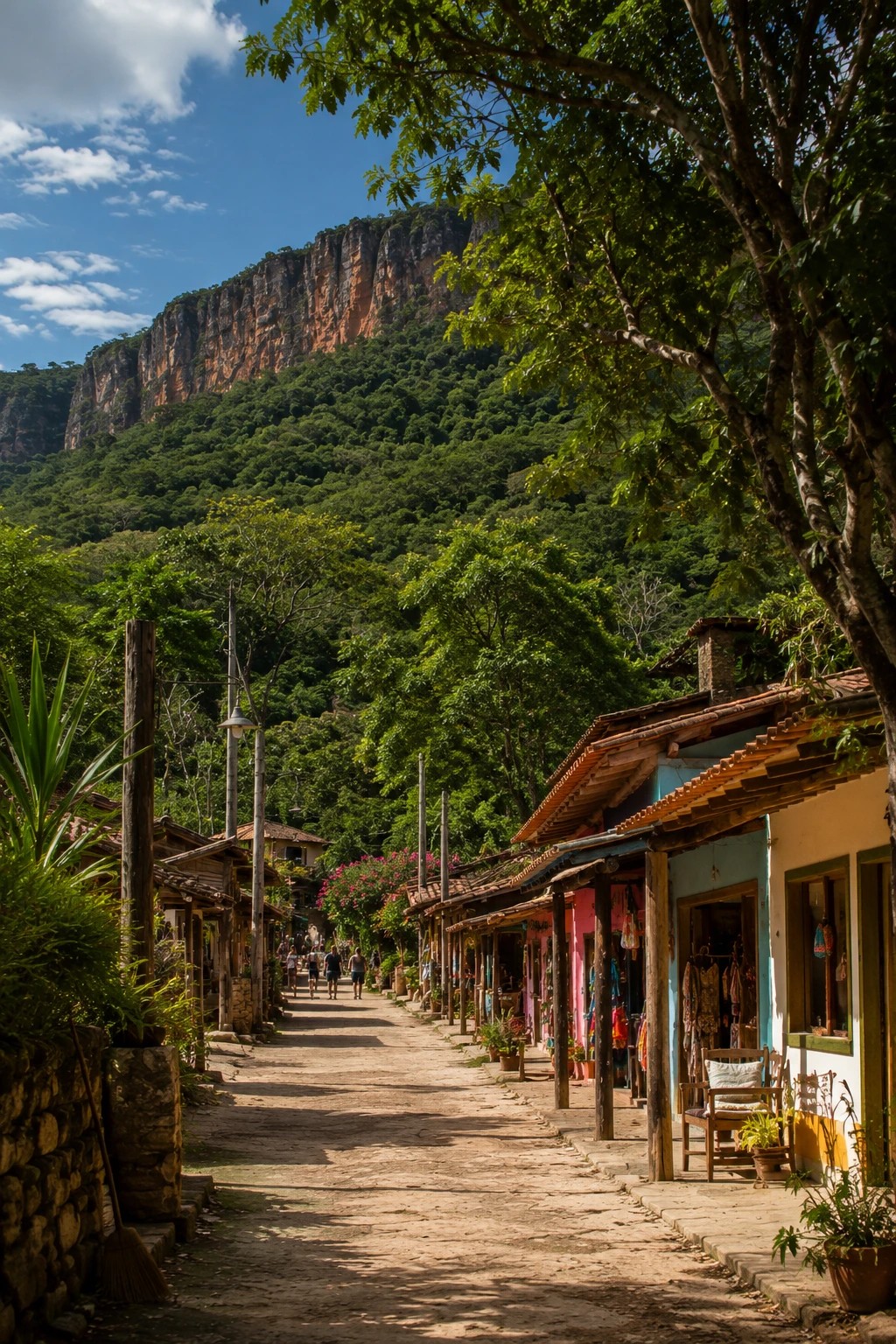 Rua de vila serrana inspirada em São Jorge, na Chapada dos Veadeiros