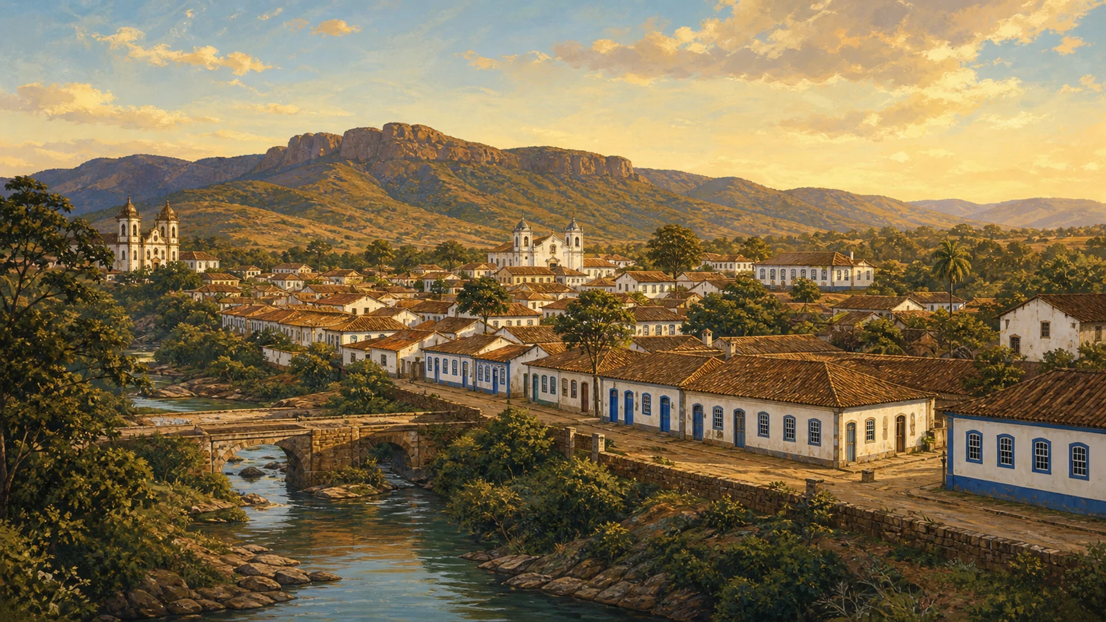 Ilustração editorial inspirada na paisagem histórica da Cidade de Goiás