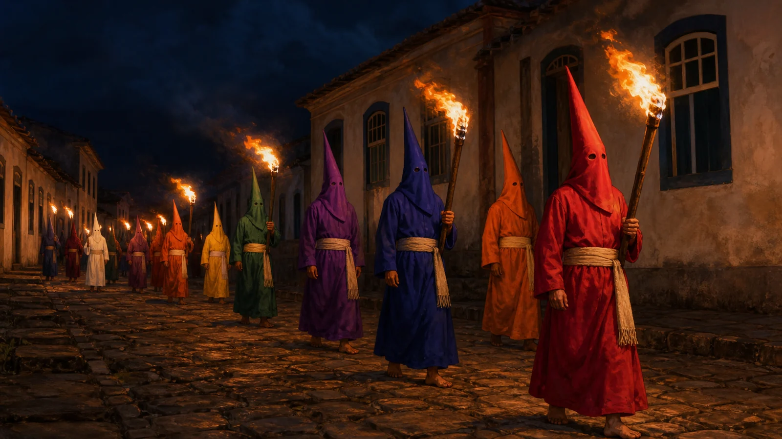 Procissão do Fogaréu na Cidade de Goiás durante a Semana Santa — ilustração editorial WikiGoiás